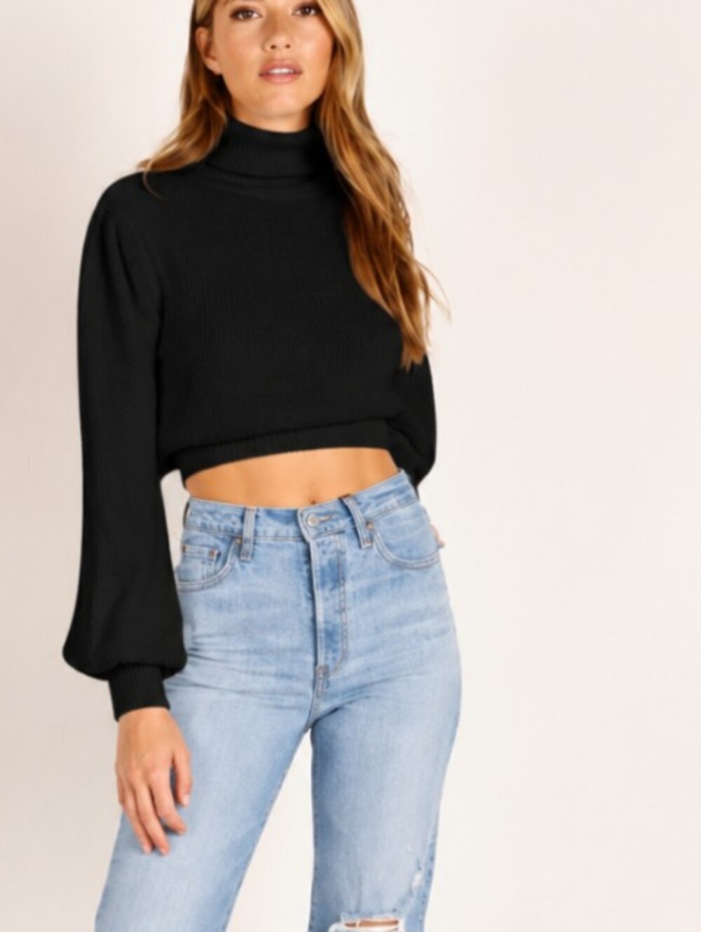For Love & Lemons Myriam Faux Mohair Cropped Turtleneck Plush Fuzzy Knit